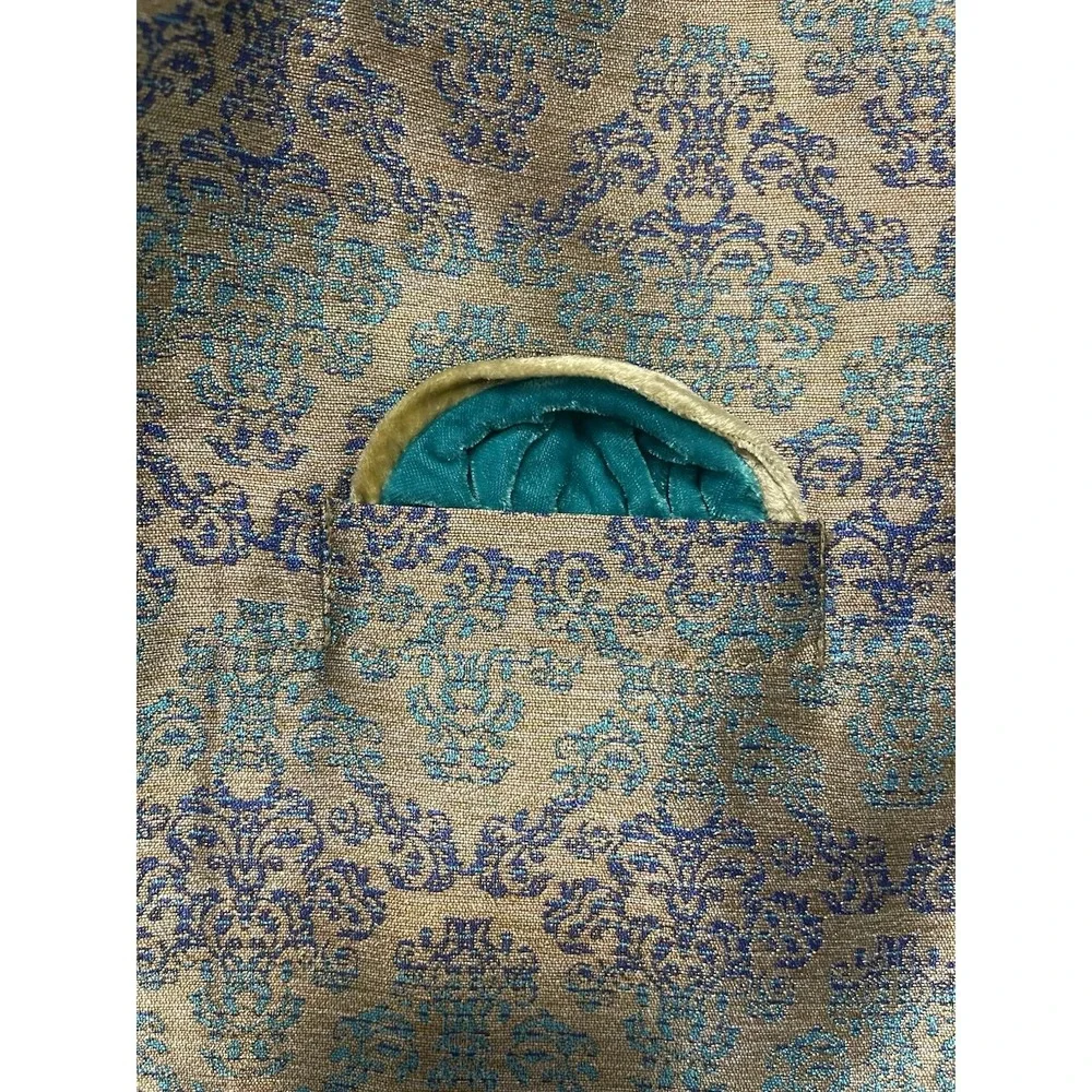 Nehru jacket/vest Men's Xl Teal/Gold Silk Wedding Matching Pocket Square Buttons